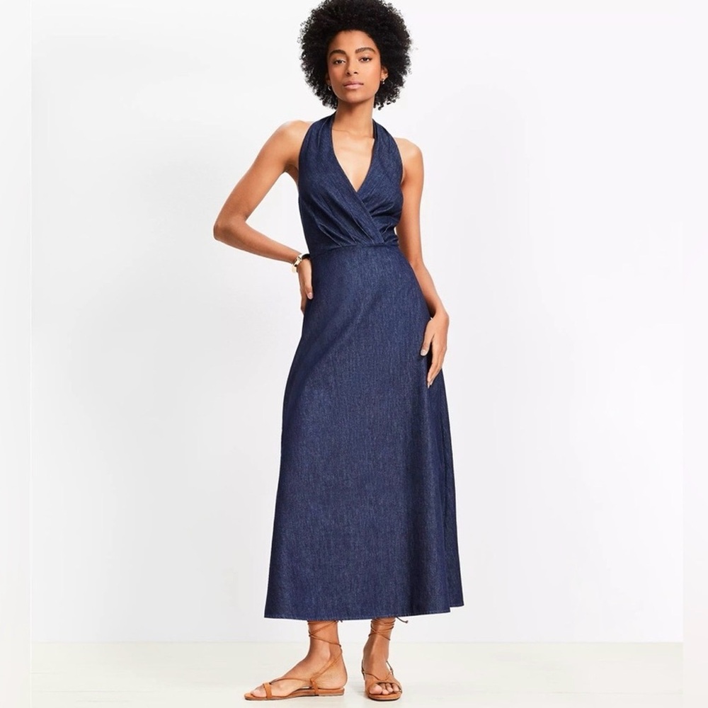 Loft Chambray Midi Halter Dress Blue Navy Jean  Size 2